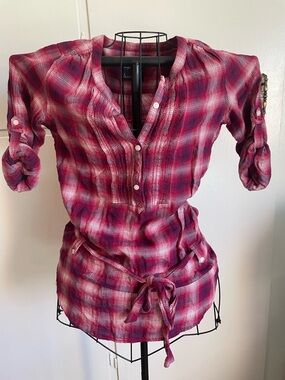 Women's  Pink Plaid Button-Front Tunic Top